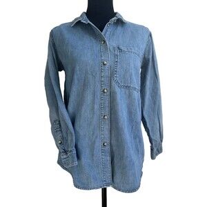 Topshop Moto Denim Shirt Long Sleeve Button Up Chambray Big Pocket Size 2